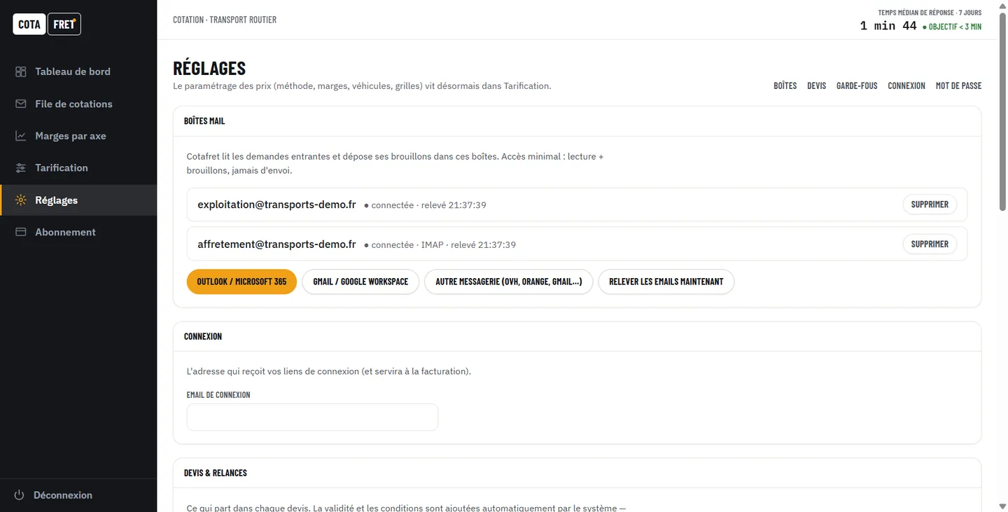 Écran de connexion des boîtes mail dans Cotafret : Microsoft 365, Gmail et IMAP universel