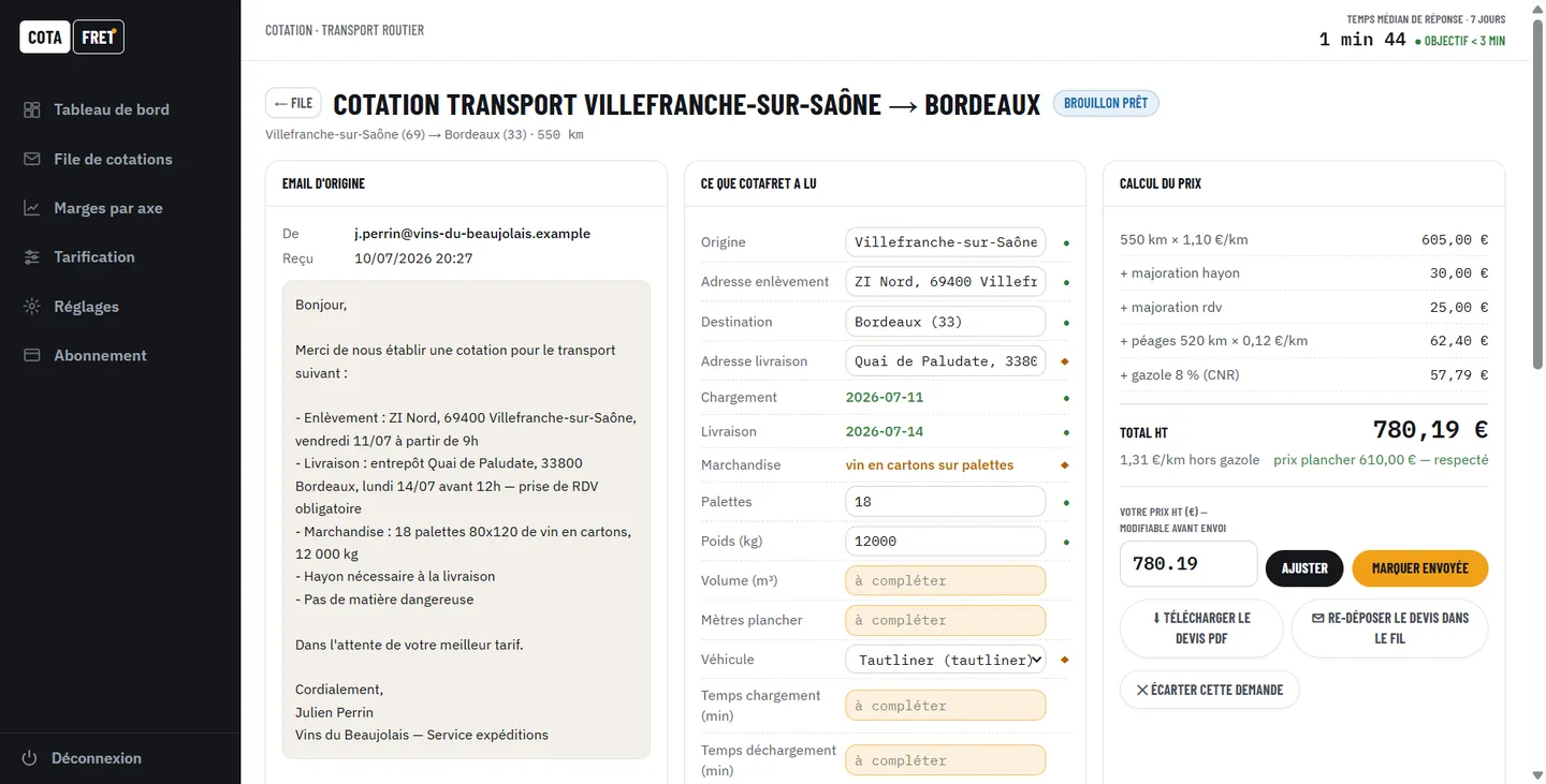 Fiche cotation Cotafret : email d'origine, champs extraits avec indice de confiance, calcul du prix détaillé